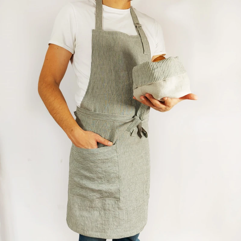 Fartuch lniany w zielone paski