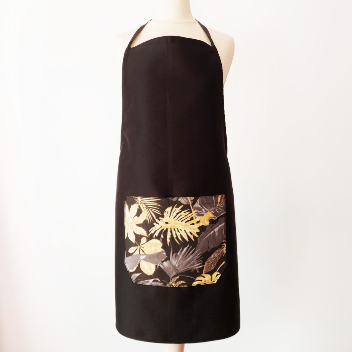 Fartuch czarny bawełniany z kieszonką złote palmy LINENCHARM