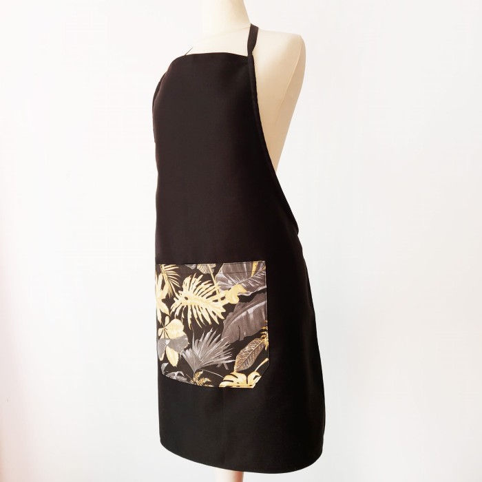 Fartuch czarny bawełniany z kieszonką złote palmy LINENCHARM