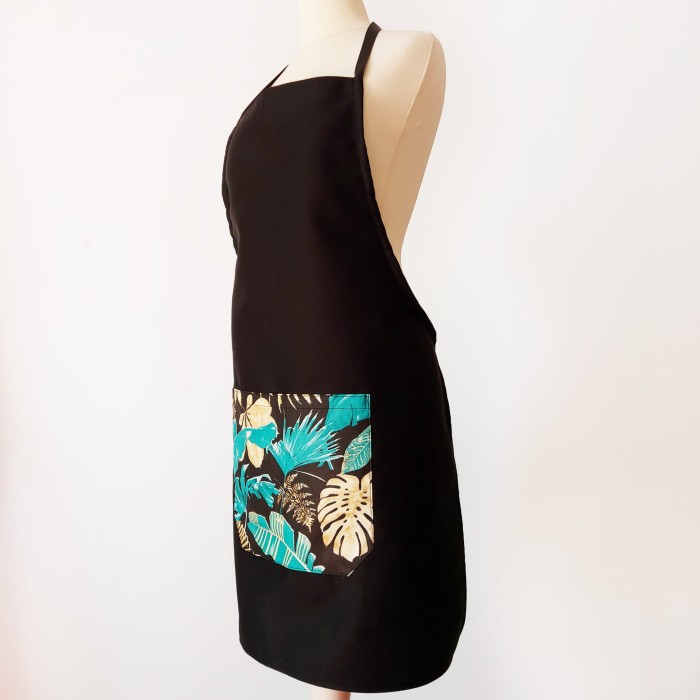 Fartuch czarny bawełniany z kieszonką turkusowe palmy LINENCHARM