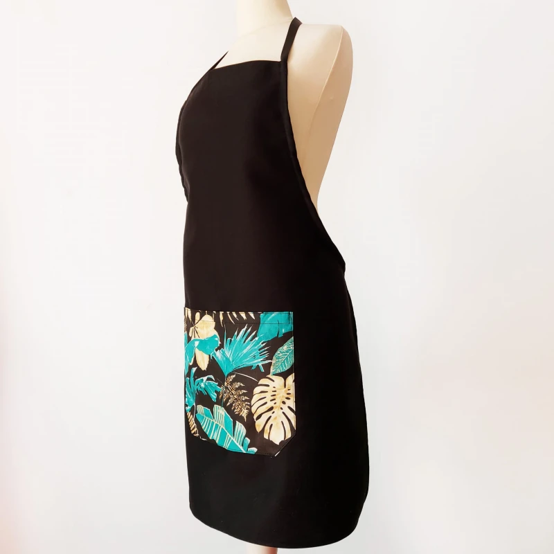 Fartuch czarny bawełniany z kieszonką turkusowe palmy LINENCHARM
