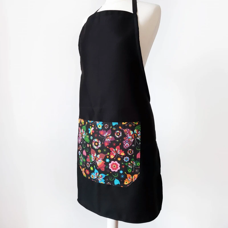 Fartuch czarny bawełniany z kieszonką motylki LINENCHARM