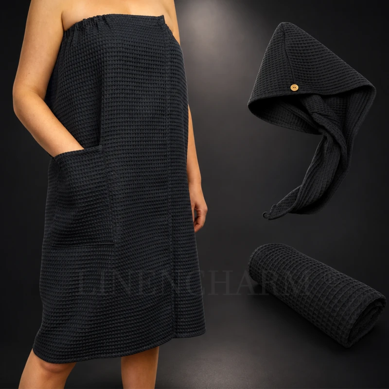 Sauna Set Towel wrap hand towel turban Black.jpg